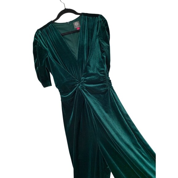 Vince Camuto Green Velvet V-Neck Wide Leg Jumpsuit Twist Front Size 12 - Picture 4 of 16